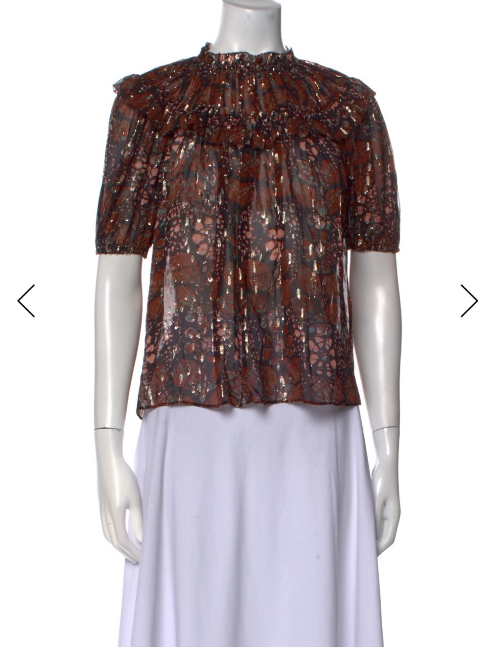 Ulla Johnson Brown Floral Metallic Sheer Ruffle Blouse